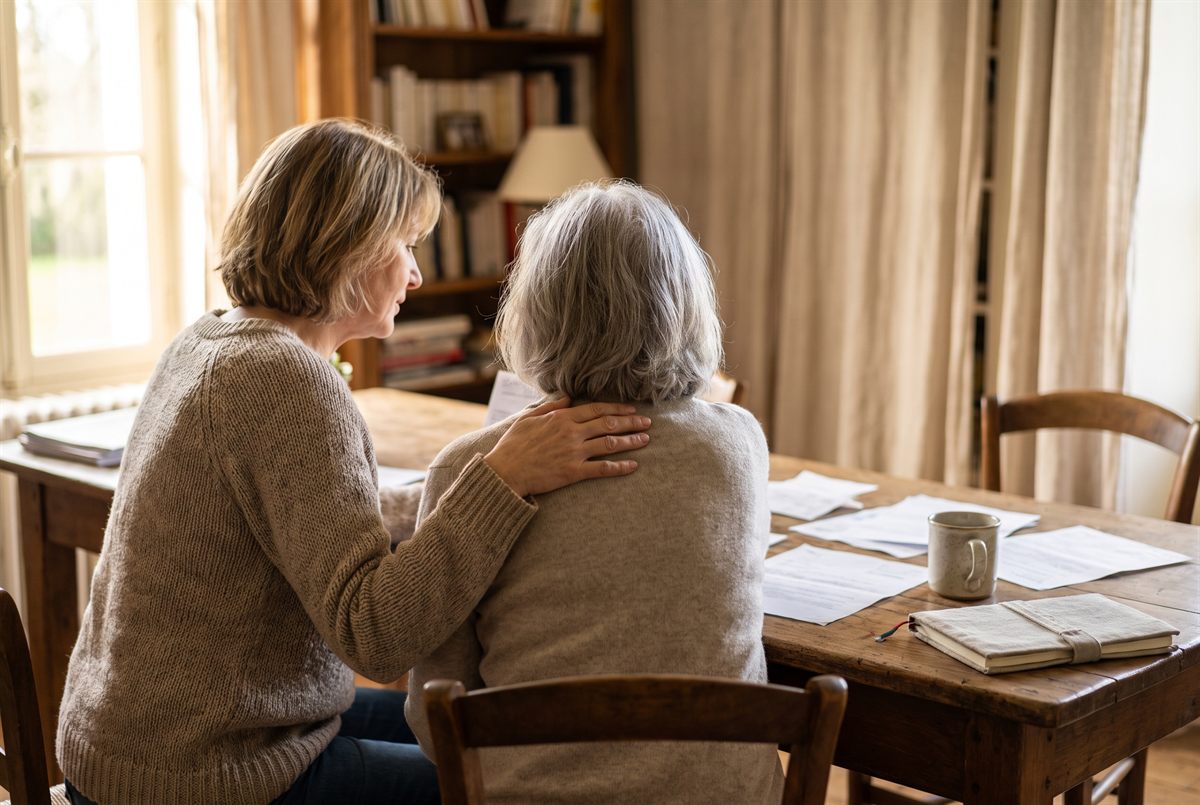 Une fille adulte accompagne sa mère devant des papiers administratifs, à la maison