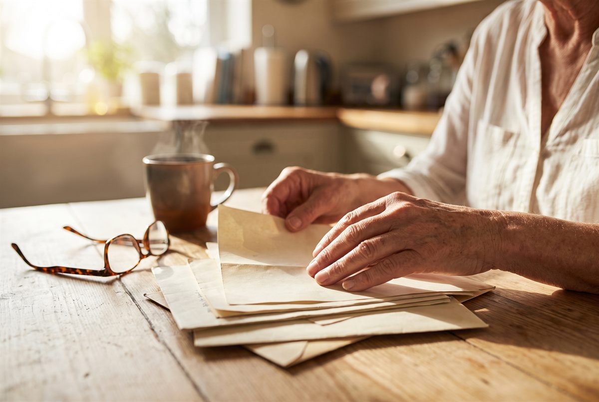 Des mains qui trient calmement des papiers et des enveloppes sur une table, à la lumière du matin